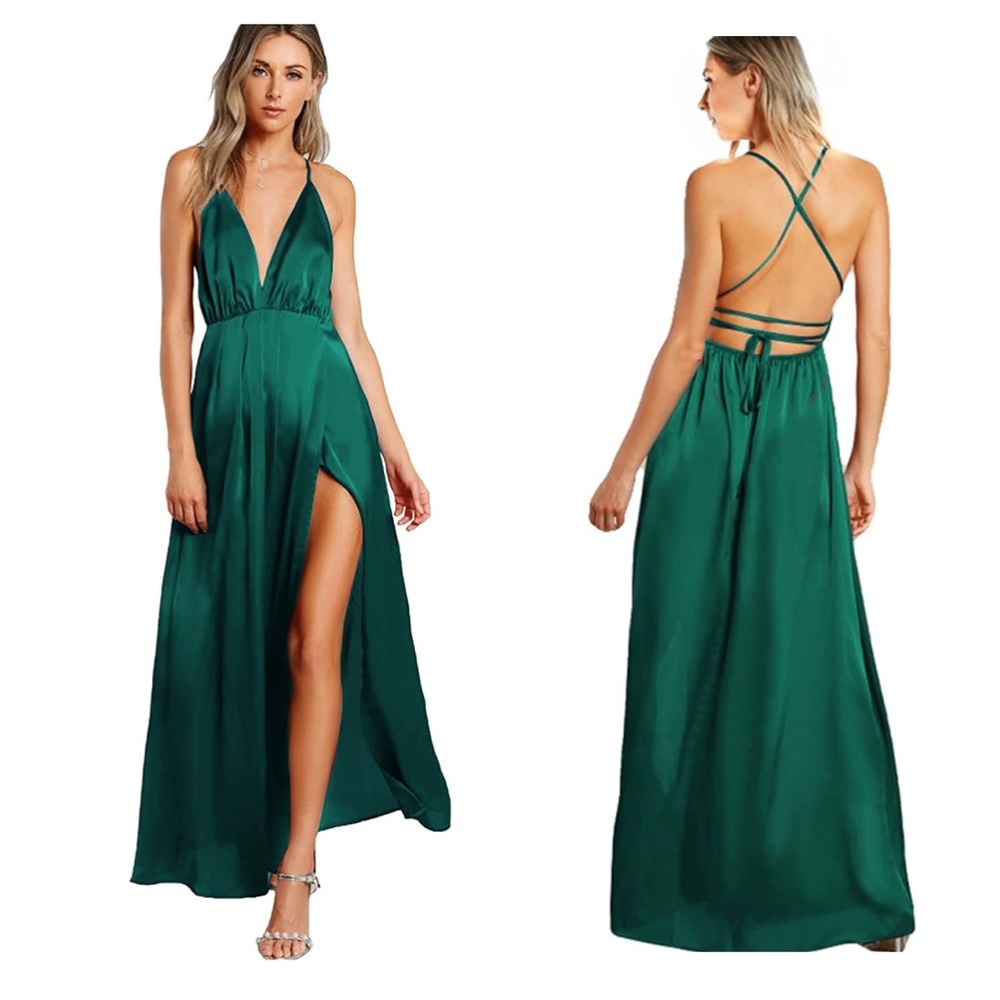 Satin deep v neck backless maxi dress